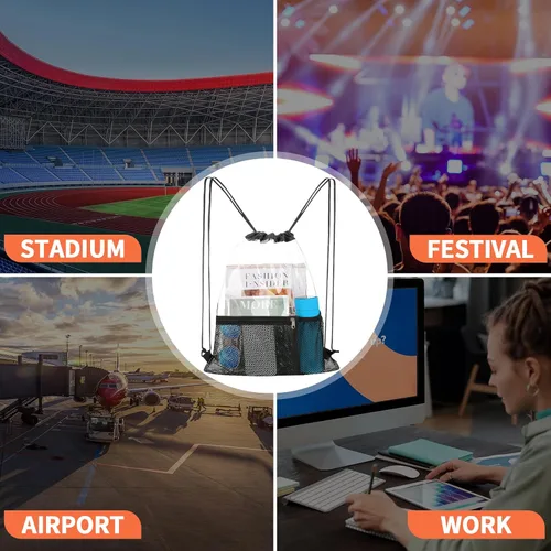 Miniatura 4 de Paquete de 2 bolsas transparentes con cordón aprobadas para estadios, mochila transparente de PVC con cordón, Negro -, Bolso de cordón transparente