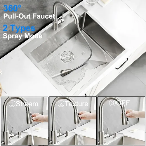 Miniatura 5 de Fregadero de lavandería de acero inoxidable de 25 x 22 pulgadas con grifo, calibre 16, 12 pulgadas, extra profundo, lavabo de lavandería con Níquel