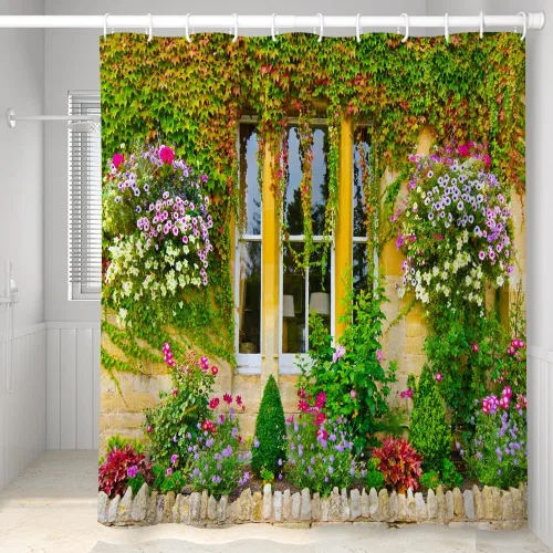 Miniatura 2 de Cortina de ducha de pared floral de primavera, ciudad de campo, hojas de hiedra verde, flores de flores de Italia, cortina de ducha para decoración