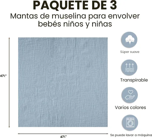 Miniatura 7 de Konssy paquete de 3 mantas de muselina para envolver al bebé unisex, manta de recepción para recién nacidos, tamaño grande 47 x 47 pulgadas, mantas