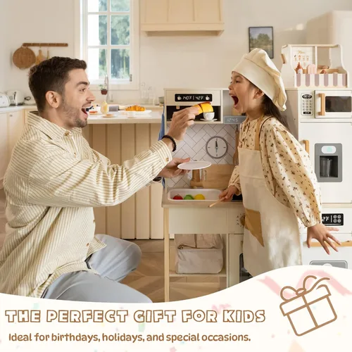 Miniatura 7 de Freniland Cocina de juego de madera, juego de cocina para niños con luz y sonido reales, máquina de hielo realista, estufa y horno, juguete