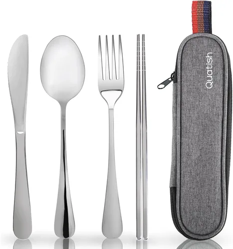 Miniatura 9 de Quatish - Utensilios de viaje con estuche, juego de cubiertos portátiles para el trabajo, juego de cubiertos de viaje reutilizables de acero Negro