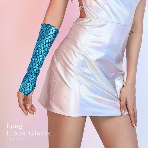 Miniatura 5 de RELBCY Guantes de escamas metálicas, guantes sin dedos, guantes largos para fiesta, accesorios de disfraces para mujeres y niñas