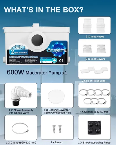 Miniatura 5 de Bomba de alcantarillado macerador de 600 W - 33 pies/328 pies, flujo de 170 L/minuto para inodoro de sótano, fregadero, ducha, cocina, lavandería, 4