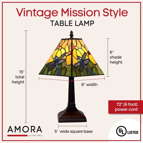 Miniatura 3 de Amora Lámpara de mesa vintage Tiffany – Luz nocturna de mesa de libélula azul floral – Lámpara de mesa de noche de cristal amarillo y verde