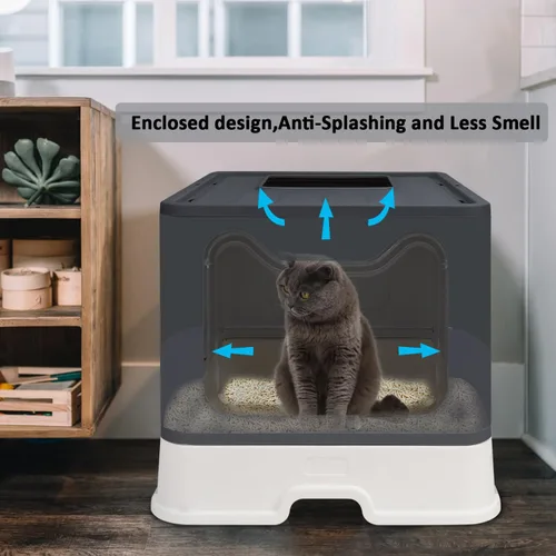 Miniatura 7 de Caja de arena plegable para gatos con tapa, orinal cerrado, inodoro grande de entrada superior antisalpicaduras, fácil de limpiar, incluye pala