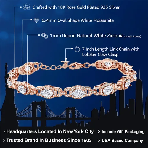 Miniatura 91 de Gem Stone King 18K Rose Gold Plated Silver Oval Gemstone Birthstone Tennis Bracelet For Women Oval 6X4MM 7 Inch With 1 Inch Extender Fine