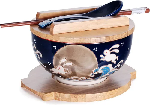 Miniatura 8 de Happy Sales HSKM-CHRYB8, juego de tazón para ramen, fideos de arroz estilo vintage japonés Kamameshi con tapa de bambú, esterilla, palillos