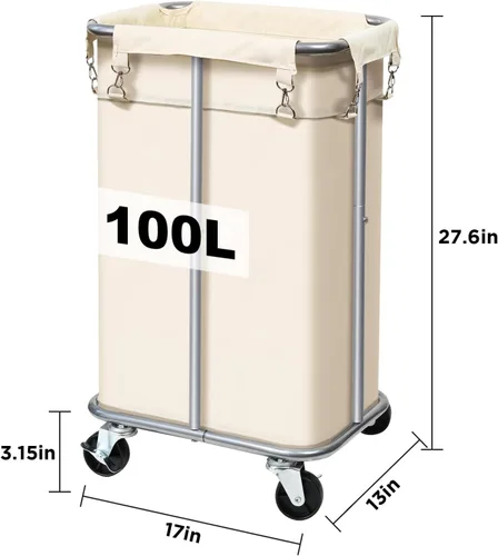 Miniatura 5 de Cesta de lavandería con ruedas, cesta de lavandería enrollable con bolsa extraíble, carrito clasificador de ropa de 100 L, organizador de ropa Crema