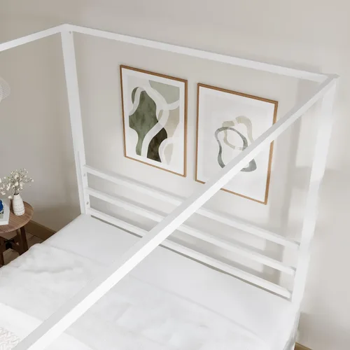 Miniatura 7 de ikalido Marco de Cama con Dosel de Metal Tamaño Completo, Marco de Cama de Plataforma Moderno de Cuatro Postes, Base de Colchón con Soporte de Blanco