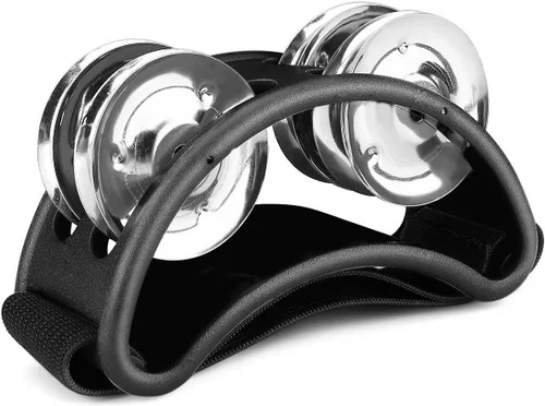 Flexzion Pandereta de percusión de pie con jingles de acero de doble fila, tambor de instrumento musical para zapatos de fiesta, regalo, cantante,