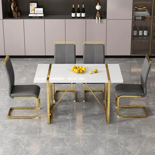 Miniatura 24 de Mesa de comedor Ebullient para 4, mesa de comedor rectangular negra de MDF, tapa de mesa de cena de mármol falso, mesa de comedor moderna con marco