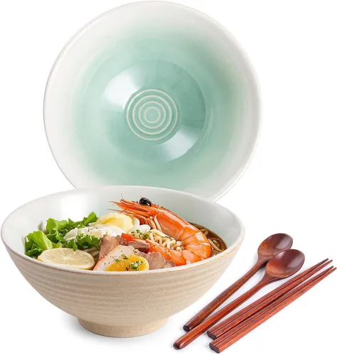 Miniatura 11 de Juego de cuencos de cerámica japoneses para ramen, 2 juegos de cuencos asiáticos para fideos para sopa Pho Udon con cucharas y palillos