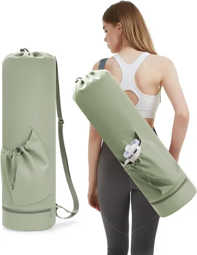 Miniatura 17 de sportsnew Bolsa para esterilla de yoga con bolsillo para botella de agua y bolsillo inferior para artículos mojados, bolsa de transporte para Beige