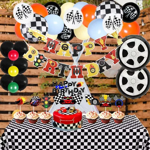 Miniatura 4 de Dos globos para decoración de fiesta de cumpleaños de autos de carreras rápidas, globos rojos y decoración de tartas, estrellas a cuadros negros