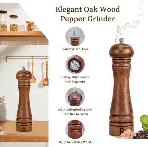 Miniatura 4 de Juego de molinillos de sal y pimienta de madera, molinos de sal y pimienta recargables ajustables para grosor, hechos de madera de roble maciza