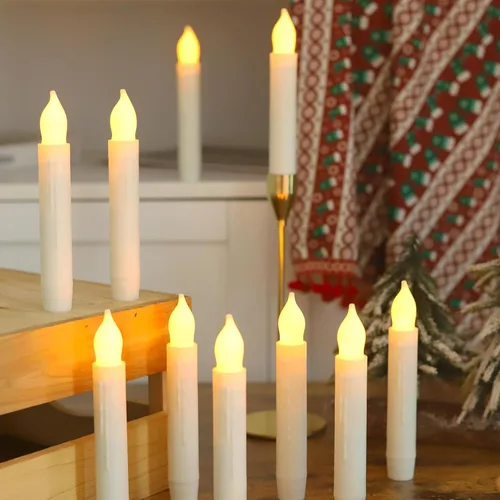Lezonic - Velas cónicas sin llama operadas por batería, 24 piezas de velas LED blancas para ventanas de Navidad, velas cónicas cortas de 15 cm para