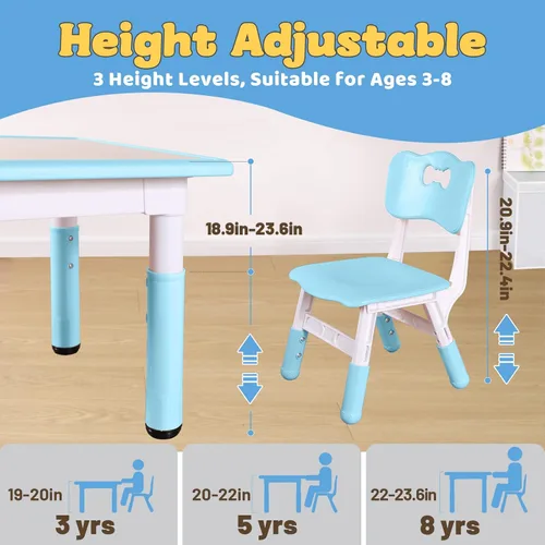 Miniatura 3 de FUNLIO Juego de mesa y 2 sillas para niños, Juego de mesa y silla ajustables en altura para niños de 3 a 8 años, Mesa fácil de limpiar para Azul