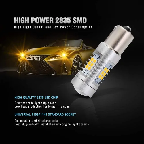Miniatura 4 de Antline Focos LED extremadamente brillantes 1156 1141 1003 7506 BA15S 21-SMD 2835 chipsets 1260 lúmenes, bombilla de repuesto de color ámbar