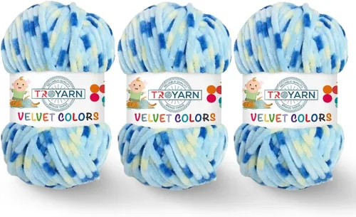 Miniatura 46 de TROYARN Hilo de lana de terciopelo en colores (paquete de 3 madejas) Chenille para manta Amigurumi, hilo para crochet y punto súper voluminoso 3x100