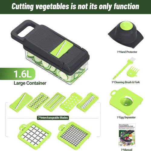 StoreHappily Picador de verduras 12 en 1, picador de verduras de 7 cuchillas con recipiente y tapa, cortador, rebanador, utensilios de cocina Verde