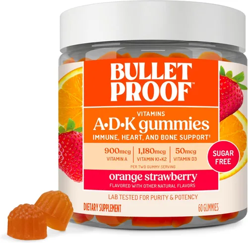 Bulletproof Gomitas A+D+K de vitaminas de fresa y naranja sin azúcar, 60 unidades, suplemento keto para apoyo cardíaco, óseo e inmunológico, fórmula