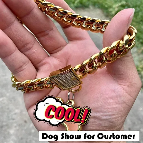 Miniatura 7 de Collar de perro dorado con hebilla de circonita, collar de cadena de eslabones cubanos para perros pequeños a grandes (0.551 in, 10 pulgadas)