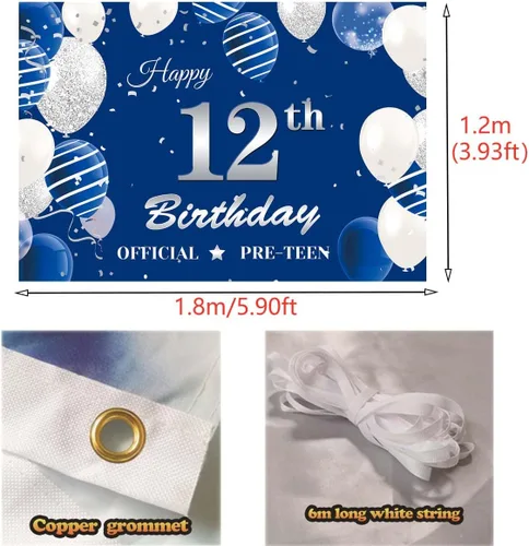 Miniatura 3 de Pancarta de fondo de 12 cumpleaños, color azul marino y plateado, fondo oficial de fotografía de cumpleaños de preadolescente de 12 años, póster