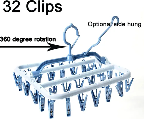 Miniatura 3 de Foshine Tendederos de ropa plegables con pinzas, colgador de goteo de plástico con 32 pinzas de secado, gancho a prueba de viento, colgador para Azul