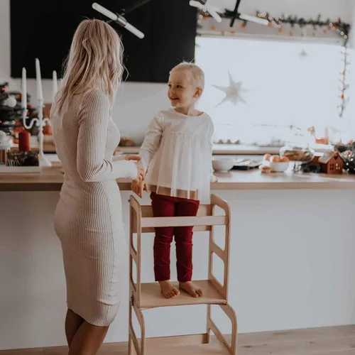 Miniatura 9 de Torre de cocina Montessori y taburete de observación para niños, mesa y silla plegable, torre de observación de cocina (color lacado/madera)