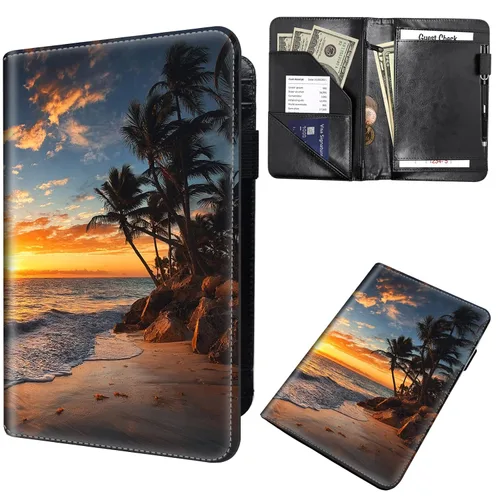 Miniatura 10 de Libreta de pedidos para camarera, cartera de cuero con bolsillo con cremallera oculta, soporte para bolígrafos, lindo organizador para camarera