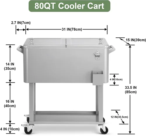 Miniatura 6 de Carrito de hielera rodante de 80 cuartos de galón, carro enfriador para patio, bar de bebidas para fiestas en el patio trasero, con soporte