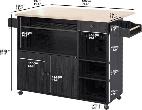 Miniatura 2 de IRONCK Carrito de isla de cocina rodante con hojas caídas y estante para vino, carrito de servir con ruedas para microondas con cajón y estantes