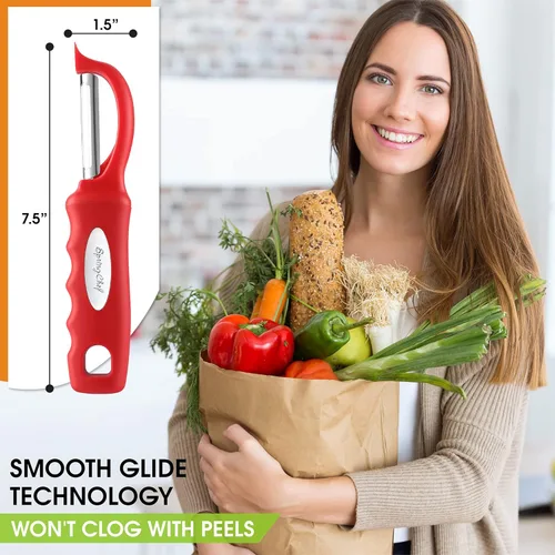 Miniatura 3 de Spring Chef Pelador de verduras giratorio profesional rojo para cocina, peladores de papas de acero inoxidable con mango de agarre suave, perfecto