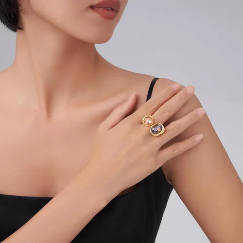 Miniatura 3 de Anillo de cóctel abierto con circonita cúbica, piedras preciosas de cristal chapado en oro antiguo, banda abierta ajustable, joyería vintage