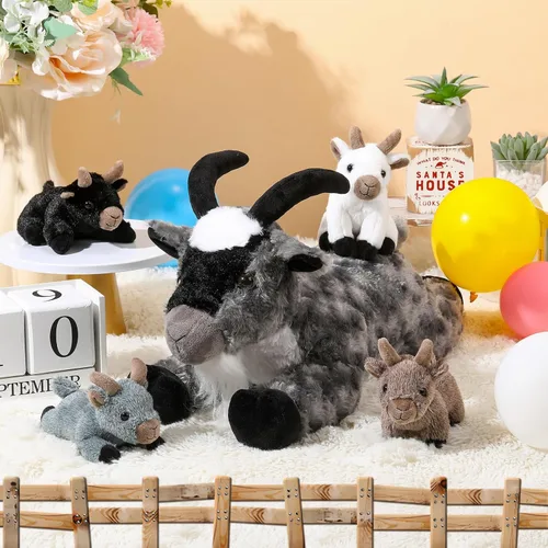 Miniatura 3 de HyDren Juego de 5 piezas de peluche de cabra de 18 pulgadas, peluche de cabra con 4 peluches de bebés en su barriga, almohada de felpa suave de Gris