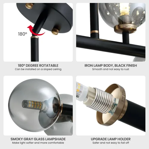Miniatura 8 de 16 Luces Araña Moderna de Mediados de Siglo Negro Araña Lineal Accesorios de Iluminación Globo de Vidrio Luz Colgante Sputnik para Comedor Isla