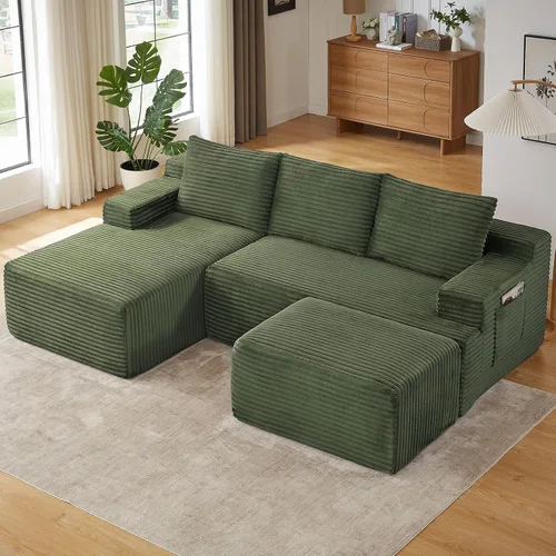 Miniatura 53 de Sofá modular Cloud de 95 pulgadas con otomana, moderno sofá nube en forma de U con asiento profundo, cómodo sofá de pana de 3 plazas, sofá de espuma