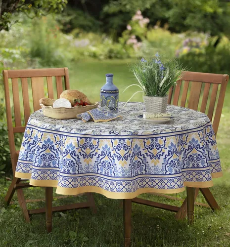 Home Bargains Plus - Mantel redondo de tela, 70 pulgadas, diseño de borde floral con amapolas en amarillo y azul, resistente a manchas y agua para