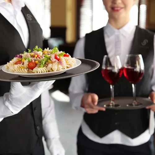 Miniatura 3 de Jubilee Bandejas redondas de 14 pulgadas para servicio de restaurante (juego de 2), color marrón, bandeja antideslizante certificada NSF