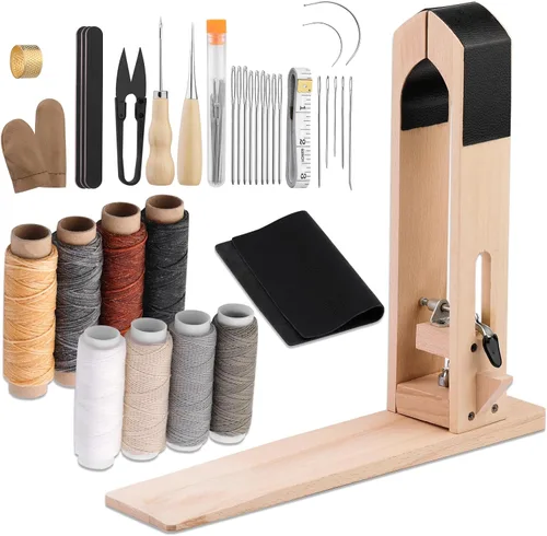 LUNARM Caballo de Cosido de Cuero - Abrazadera de Caballo de Cuero para Mesa de Escritorio con Agujas de Coser de Ojo Grande, Hilo Encerado, Set B