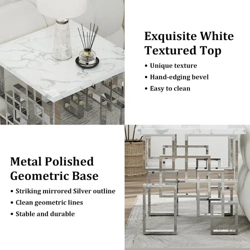Miniatura 9 de AUZ Mesa auxiliar plateada, moderna mesa auxiliar cuadrada para sala de estar con parte superior de mármol sintético blanco y base geométrica