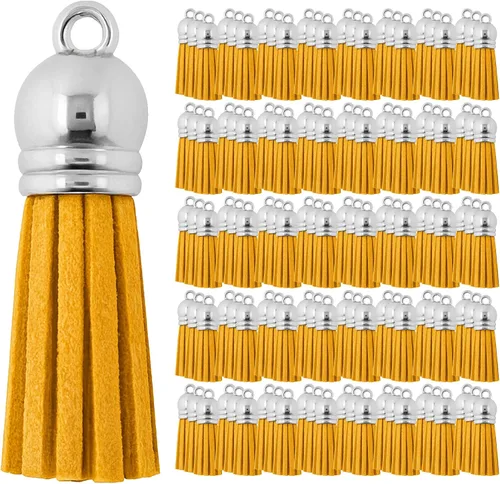 Miniatura 77 de Mandala Crafts 100 borlas de gamuza sintética color aguamarina con tapa dorada, suministros para hacer llaveros a granel, pequeñas borlas de cuero