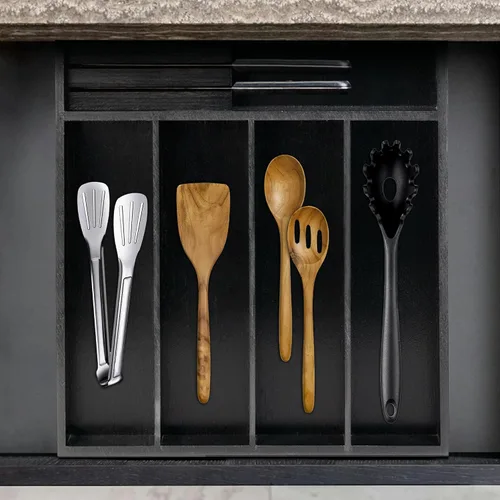 Miniatura 5 de VaeFae Organizador de cubiertos de bambú, soporte para utensilios para cajón, bandeja de cubiertos de madera con separador para cajón de cocina