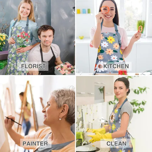 Miniatura 8 de BOUMUSOE Paquete de 3 delantales florales con bolsillo, delantales para mujer, impermeables, ajustables, para cocina, jardinería