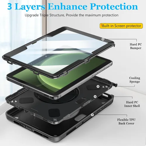 Miniatura 6 de Funda para Galaxy Tab Active 5 Pro 2025/4 Pro 2022/2019 de 10.1 Pulgadas: TPU con Soporte - Protector de Pantalla - Correa de Mano - Correa de Negro