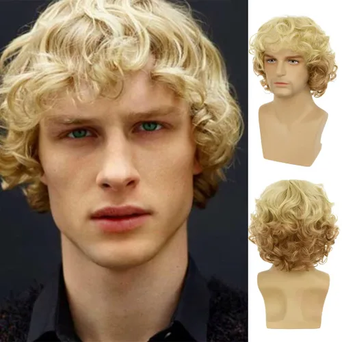 Miniatura 11 de Peluca negra corta y rizada para hombre, peluca sintética para cosplay, con gorra de peluca