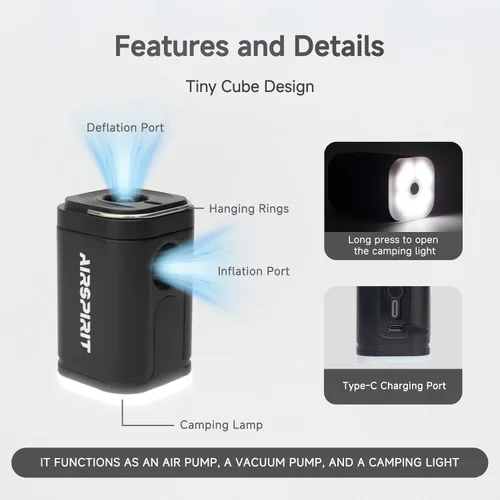 Miniatura 5 de Mini bomba de aire eléctrica portátil para inflables, luz de campamento (SOS), 5 boquillas universales, clip de mosquetón, recargable de 1200 mAh