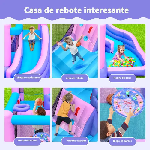 Miniatura 5 de WELLFUNTIME Casa inflable de rebote con tobogán, castillo de salto para niños con soplador, pozo de bolas, pared de escalada, diana, aro