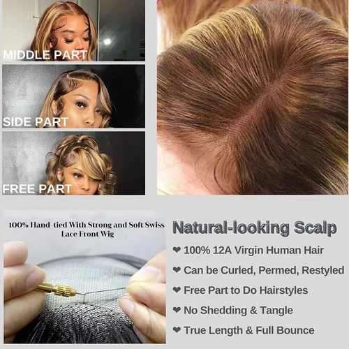Miniatura 3 de ALHER Pelucas de cabello humano con encaje frontal de gorra pequeña #4/27 rubio miel con reflejos, pelucas de encaje frontal de 13 x 4 con cabello